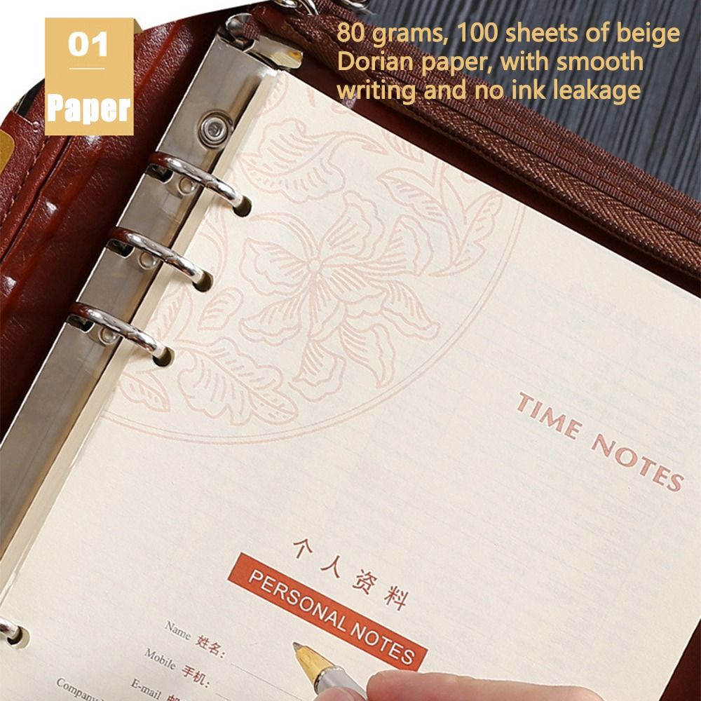 Leather Work Notebook - Portable File Folder PU Leather 6-Ring
