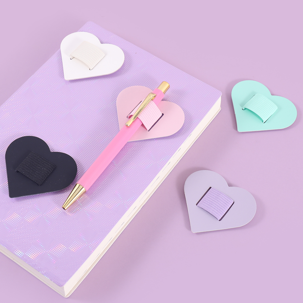 Leather Work Notebook - Self-Adhesive Heart Pen Clip Holder for